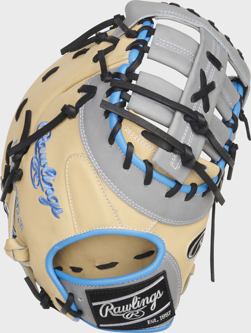 Camel back of a HOH ColorSync 6.0 13-inch first base mitt with a black Rawlings patch - SKU: PRODCTCG