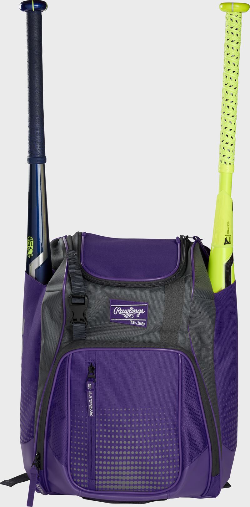 Front of a purple Rawlings Franchise baseball backpack with two bats in the side sleeves - SKU: FRANBP-PU