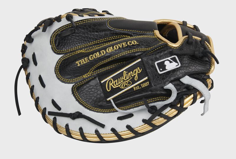 Black croc back of a Heart of the Hide catcher's mitt with a black Rawlings patch and MLB logo - SKU: PROCM41BW