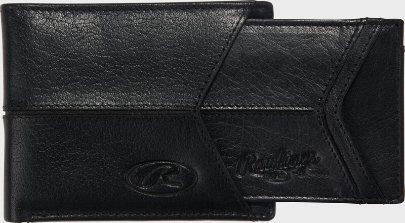A black Rawlings Home Run bi-fold wallet with the extra panel slid in