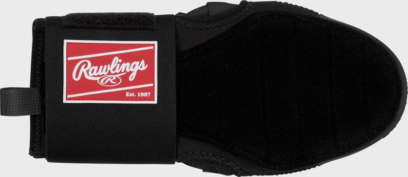 Palm of a black Rawlings sliding mitt with a red Rawlings patch logo on the wrist cuff