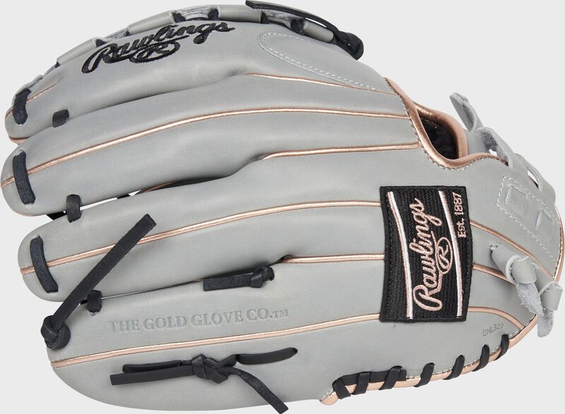 Back of a gray Liberty Advanced Color Series 12-Inch glove with a black Rawlings patch - SKU: RLA120-3WGRG loading=