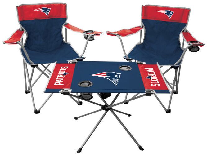 Front of Rawlings Navy and Red NFL New England Patriots 3-Piece Tailgate Kit With Two Kickoff Chairs, An Endzone Table, And A Transport Bag With Team Logo SKU #01041076511