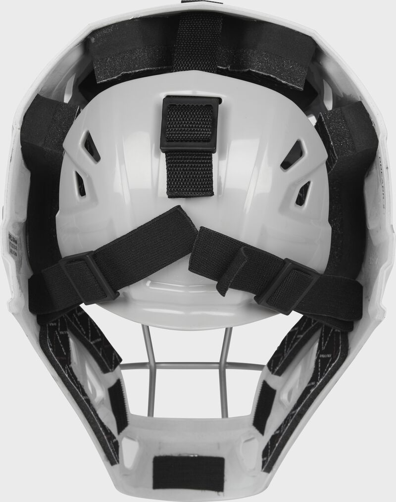 Back of a white Velo 2.0 catcher's helmet