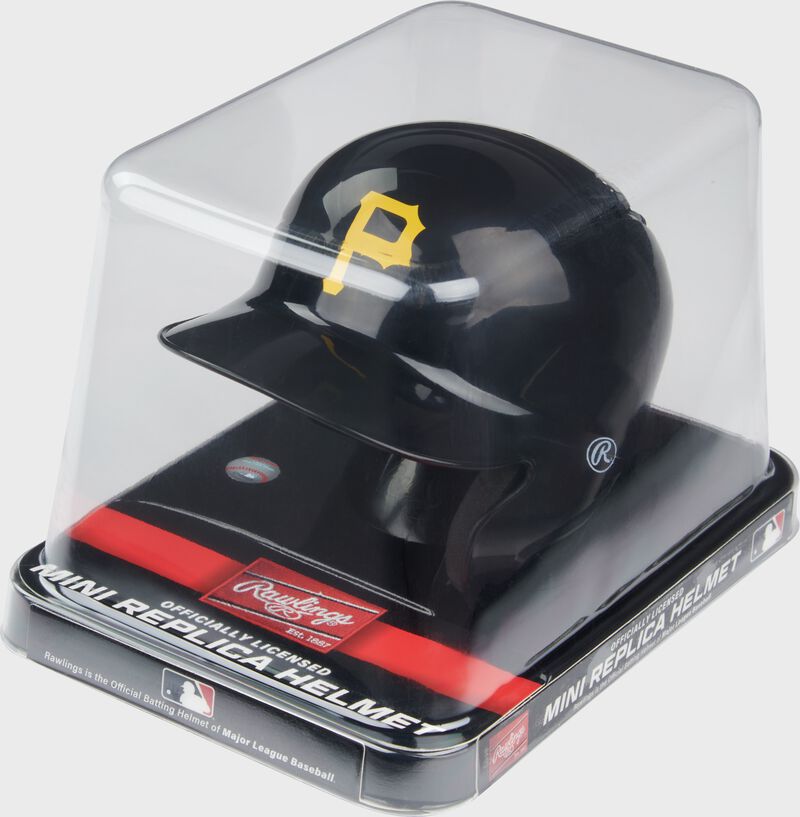 A black Pirates mini helmet in a clear packaging case