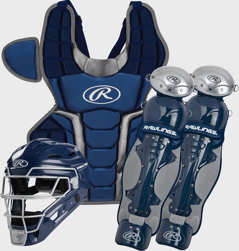 A navy 2022 Renegade 2.0 catcher's gear set with a helmet, chest protector and leg guards - SKU: R2CSA-N/SIL