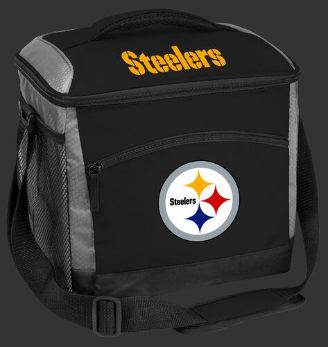 A black Pittsburgh Steelers 24 can soft sided cooler with screen printed logos - SKU: 10211082111