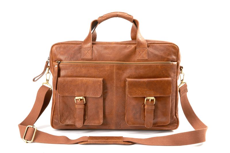 A tan Rawlings rugged briefcase with 2 side compartments and a tan shoulder strap - SKU: V609-202