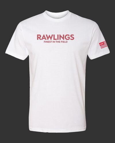 A white Rawlings Finest in the Field short sleeve shirt with a red logo and lettering on the chest - SKU: RSGTT-W