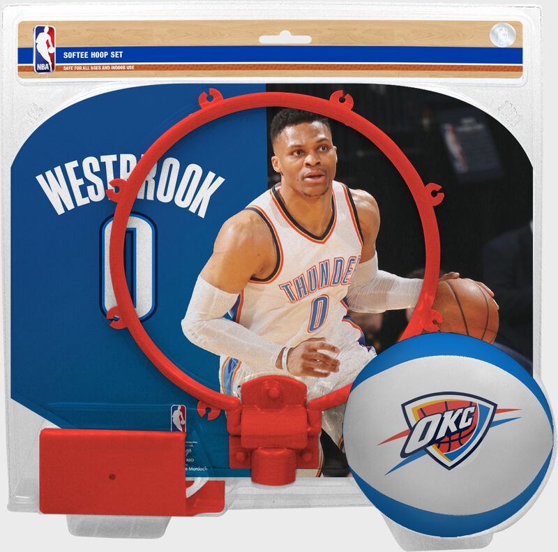 A NBA Oklahoma City Thunder Russell Westbrook softee hoop set with a picture of Westbrook on the backboard - SKU: 03545057511