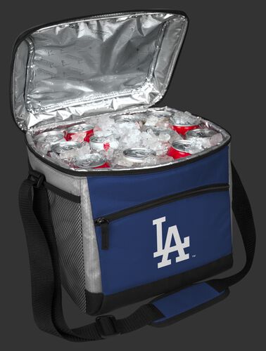 An open Los Angeles Dodgers 24 can cooler filled with ice and drinks - SKU: 10200011111