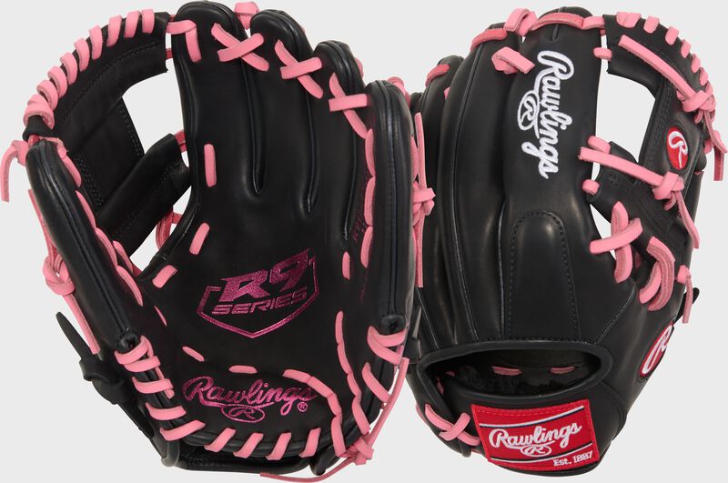 Two images showing the palm & back of a black/pink Rawlings R9 ContoUR 11.25-Inch Infield Glove loading=