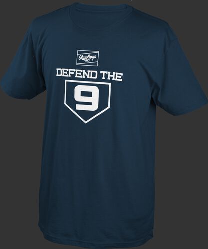 A navy Rawlings Defend the 9 short sleeve shirt with a Rawlings patch and Defend the 9 logo - CLM3