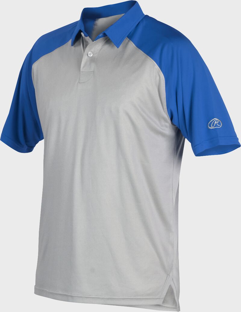 A gray Rawlings colorsync polo with royal sleeves - SKU: CSP-BG/R loading=