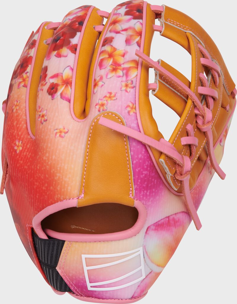 Pink floral design back of a Rawlings Francisco Lindor REV1X infield glove