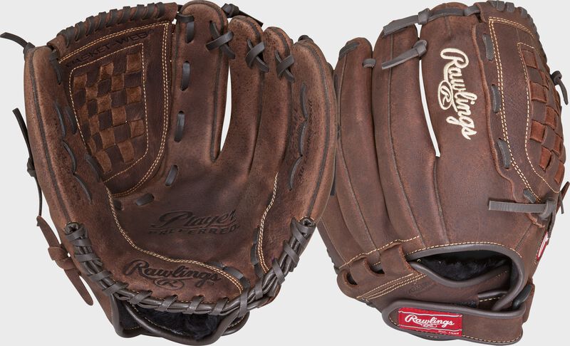 Two images showing the palm & back of a brown Player Preferred 12" glove
