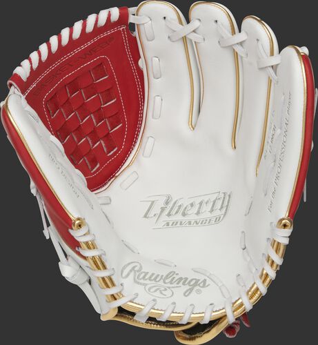RLA120-3S Rawlings Liberty Advanced Color Series glove with a white palm, scarlet web and white laces