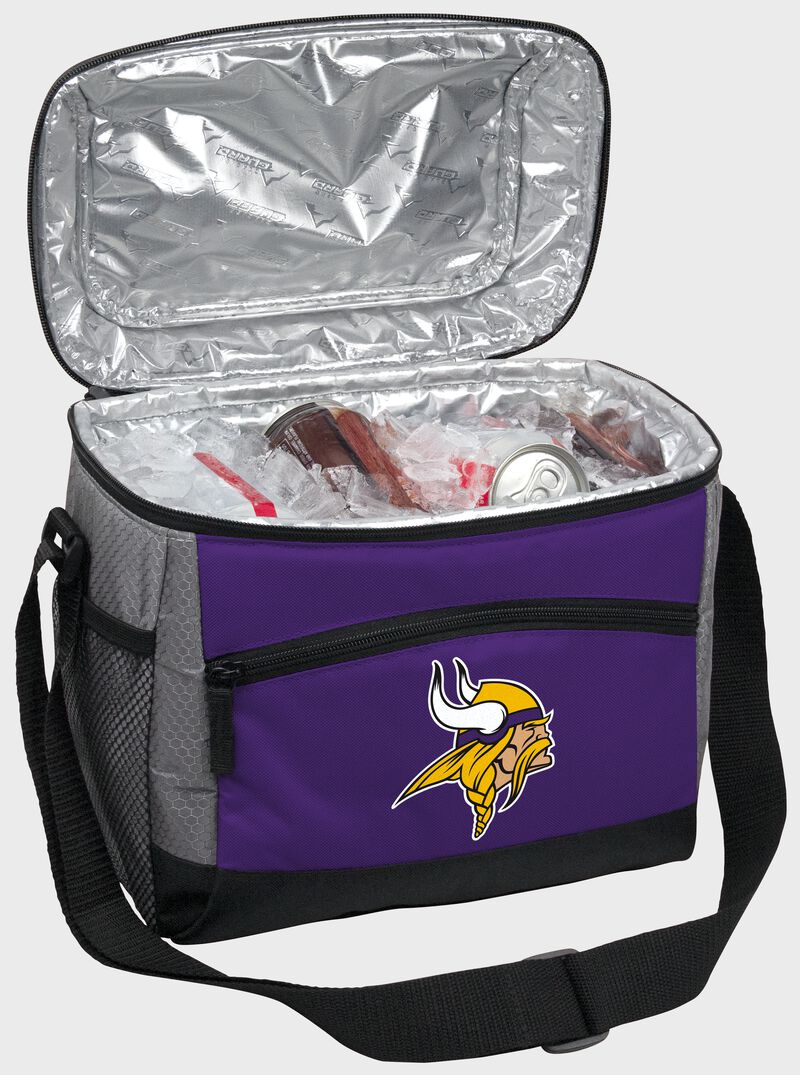 An open Minnesota Vikings 12 can cooler with ice and drinks loading=
