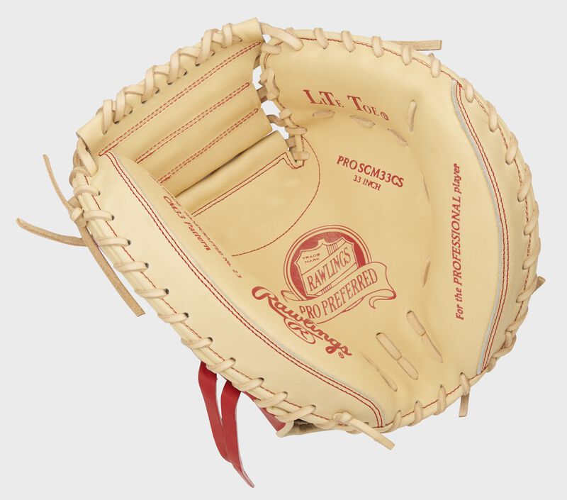 Camel palm of a Rawlings Pro Preferred catcher's mitt with red stamping and camel laces - SKU: PROSCM33CS