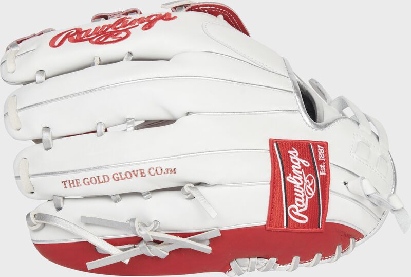 Back of a white/scarlet Liberty Advanced Color Series 12.75-Inch outfield glove with a red Rawlings patch - SKU: RLA1275SB-6WSP loading=