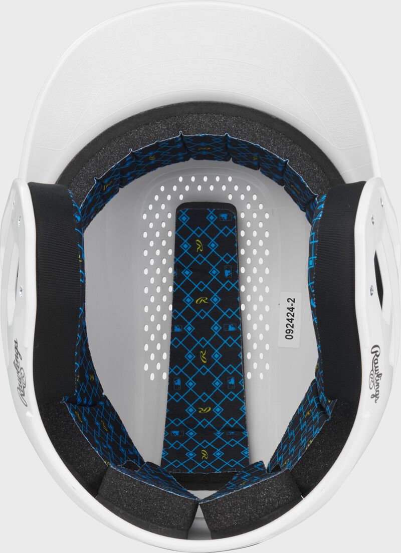 Inside padding of a white Rawlings RX2 gloss baseball batting helmet loading=