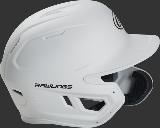 Right side of a MACHEXTR junior Rawlings batting helmet with a one-tone matte white shell
