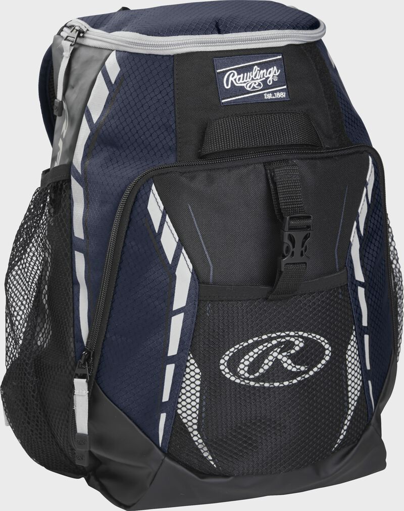 Front left view of a Navy Rawlings Youth Players Team Backpack | SKU:R400-N