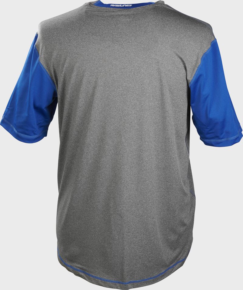 Back of a gray Rawlings Hurler short sleeve shirt with royal sleeves - SKU: HSSP-GR/R