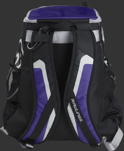 Back of black/purple R500 Players team backpack with black/purple shoulder straps