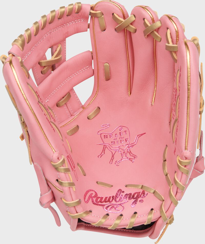 Palm of a pink Rawlings Heart of the Hide infield glove with gold laces - SKU: PROR204W-32P
