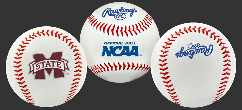 3 views of a NCAA Mississippi State Bulldogs baseball with a team logo, NCAA logo and Rawlings logo
