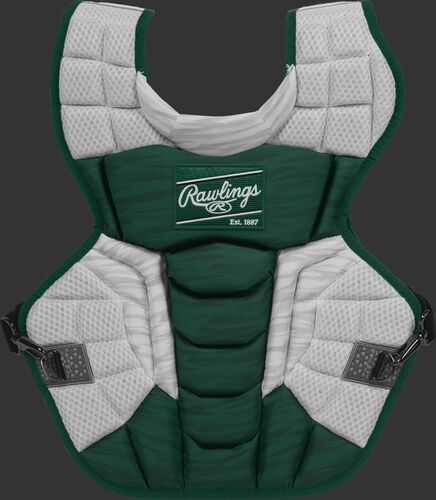 A dark green/white CPV2N Rawlings Velo 2.0 intermediate chest protector with a striped pattern