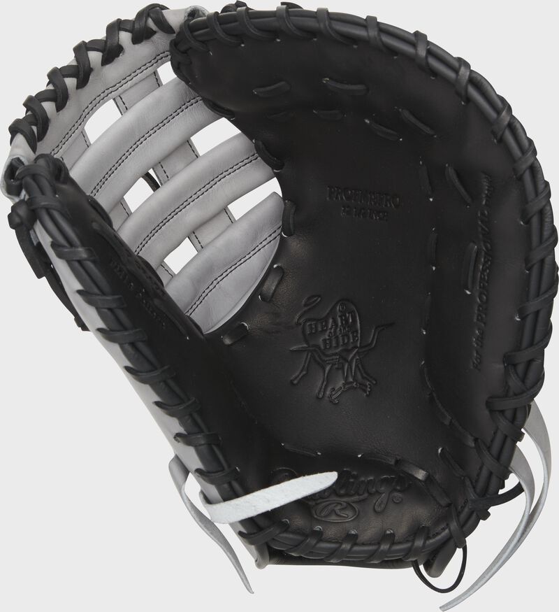 Black palm of a Rawlings HOH 1st base mitt with a gray web and black laces - SKU: PROFM18PRO
