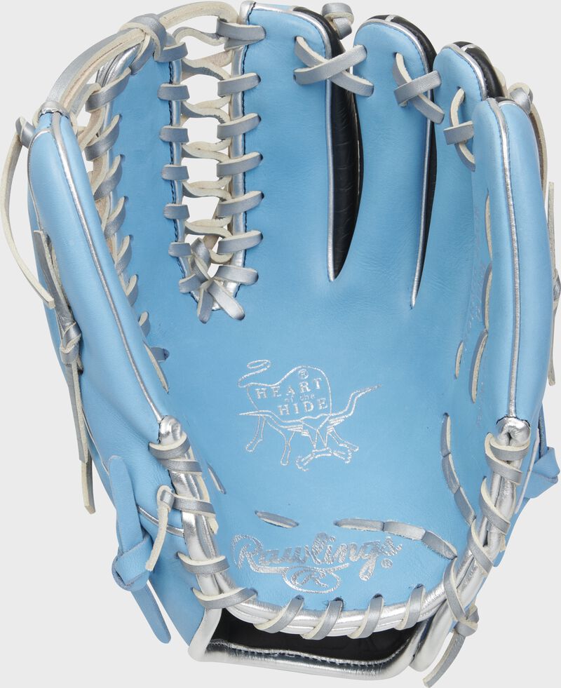Columbia blue palm of a Rawlings Heart of the Hide R2G glove with platinum laces and silver stamping - SKU: RSGRPROR206-22CB