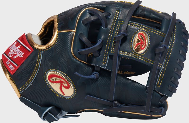 Thumb of a navy Gameday 57 Series Anthony Volpe Pro Preferred glove with a Pro I-web