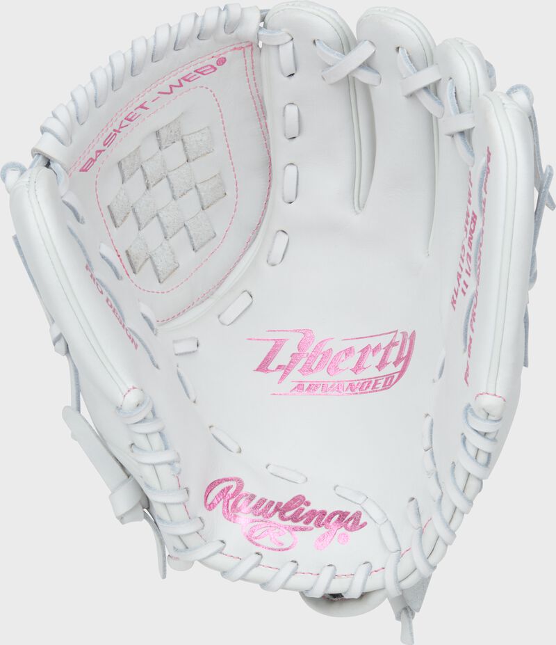 Palm of a white/pink Liberty Advanced 11.5-inch Fastpitch Softball Glove