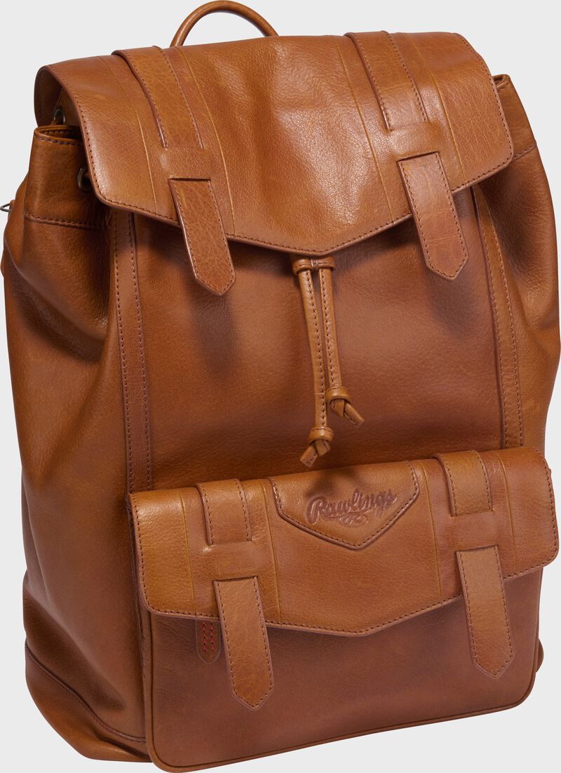 Front Angle view of a tan Rawlings Home Run Backpack