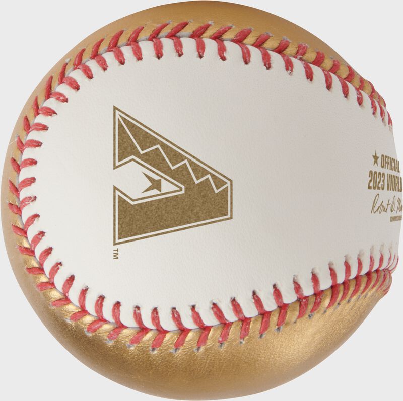 A gold Arizona Diamondbacks logo stamped on a gold/white World Series dueling baseball - SKU: WSBB23DL