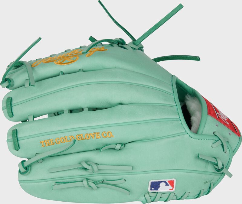 Back of an ocean mint Harrison Bader Gameday 57 Pro Preferred glove with the MLB logo on the pinky loading=
