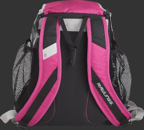 Back of a pink R400 Rawlings youth backpack with pink shoulder straps