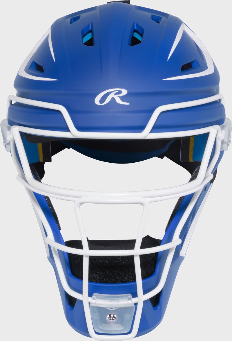 Front of a royal Rawlings Mach Pro Series catcher's helmet loading=