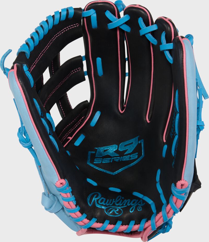 Black palm of a R9 Series 12.75-Inch Outfield Glove with Columbia blue stamping and laces loading=