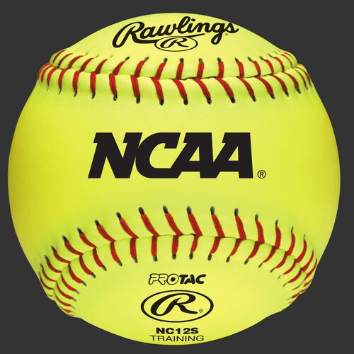 A yellow NC12S NCAA 12" soft training softball with red stitching