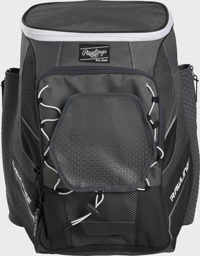 Front of a black Impulse baseball backpack with a gray front pocket - SKU: IMPLSE-B loading=