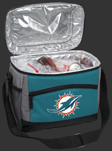 An open Miami Dolphins 12 can cooler filled with ice and drinks - SKU: 10111074111