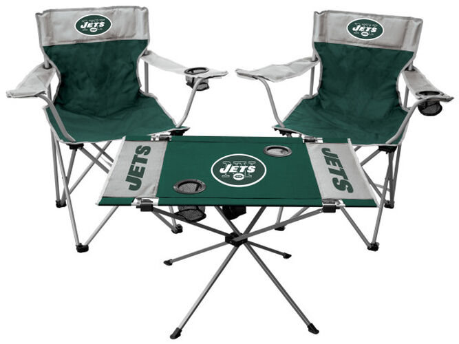Front of Rawlings Green and White NFL New York Jets 3-Piece Tailgate Kit With Two Kickoff Chairs, An Endzone Table, And A Transport Bag With Team Logo SKU #01041079511