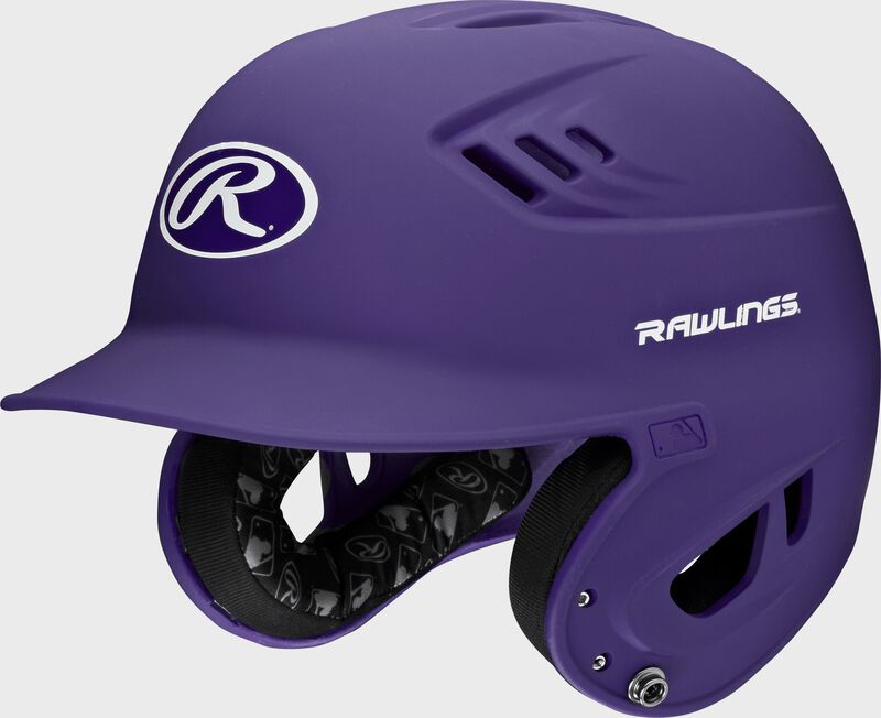 Front left-side view of Purple Rawlings Velo Matte Batting Helmet - SKU: R16M