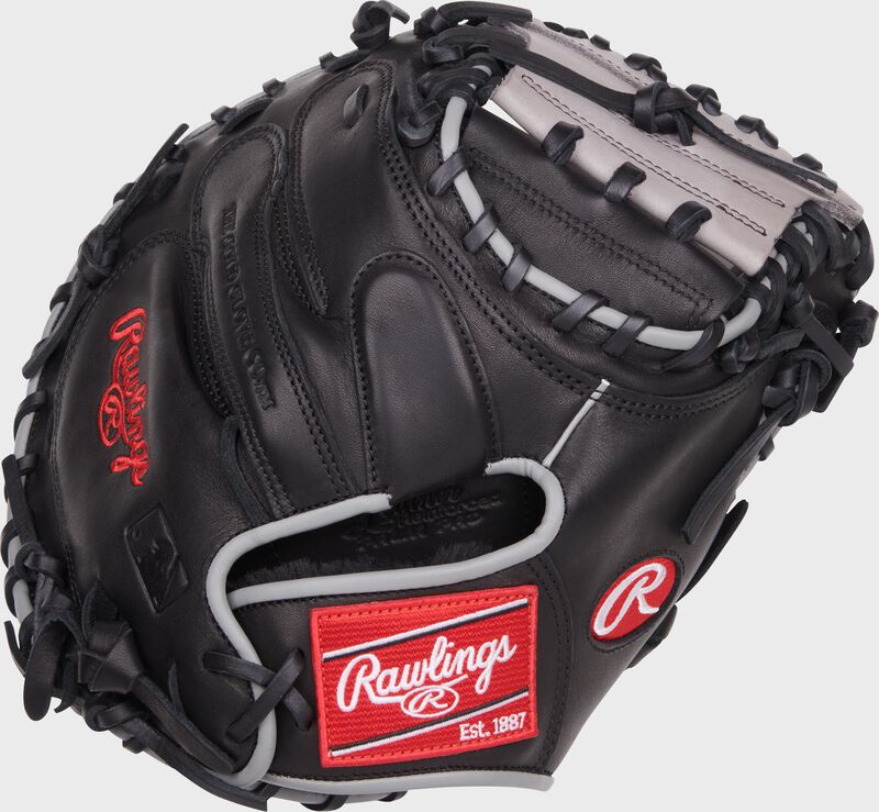 Black back of a Foundation Series 32.5" youth catcher's mitt with a red Rawlings patch - SKU: RSGRFCM325B