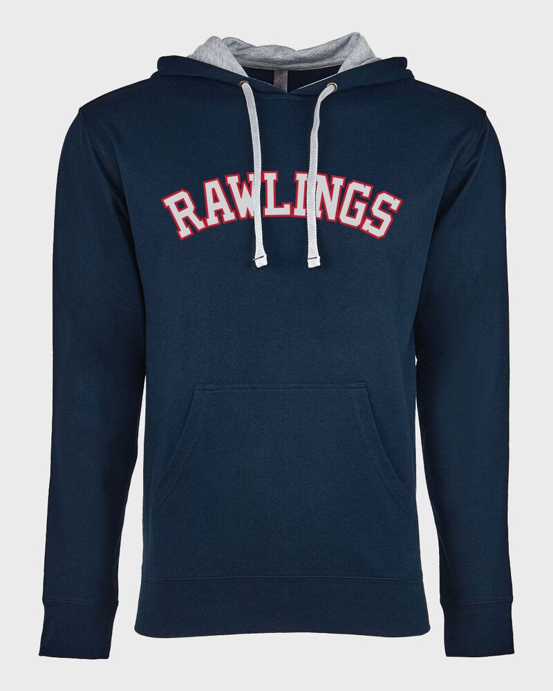 A navy Rawlings mid-weight French Terry hoodie with a gray hood and red lettering on the chest - SKU: RSGFH-N
