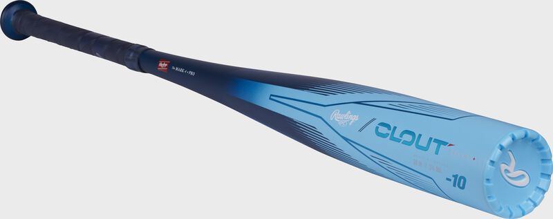 Front 3/4 angle view of a Clout AI -10 USSSA bat with a light blue barrel and end cap - SKU: RUT4C10